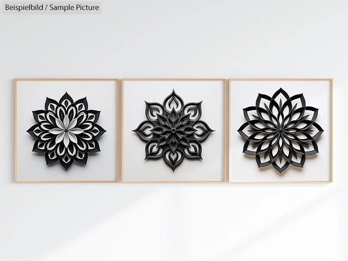 Set of three black geometric floral wall art pieces displayed in frames on a white background.