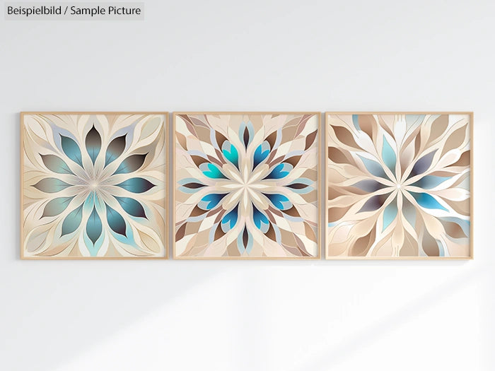 Triptych of abstract floral art in beige, blue, and teal tones displayed on a white wall.