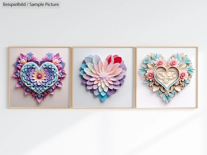 Three framed heart-shaped paper art pieces with intricate colorful designs on a light wall.