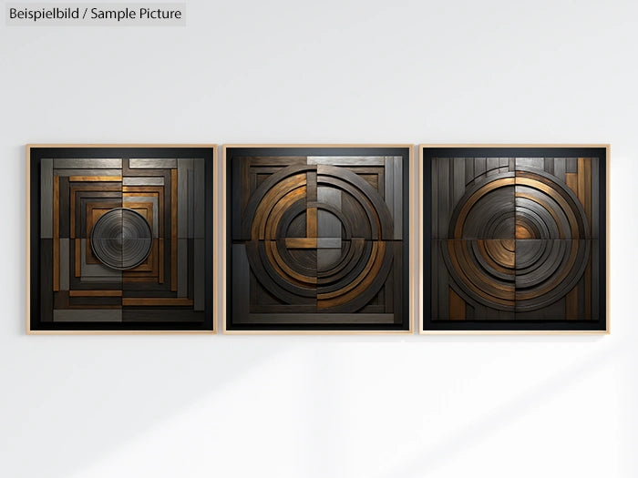 Modern abstract art triptych with circular and geometric patterns in earth tones on a white wall.