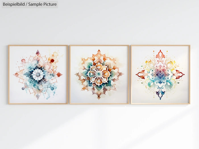 Three framed abstract floral paintings with pastel colors on a wall.