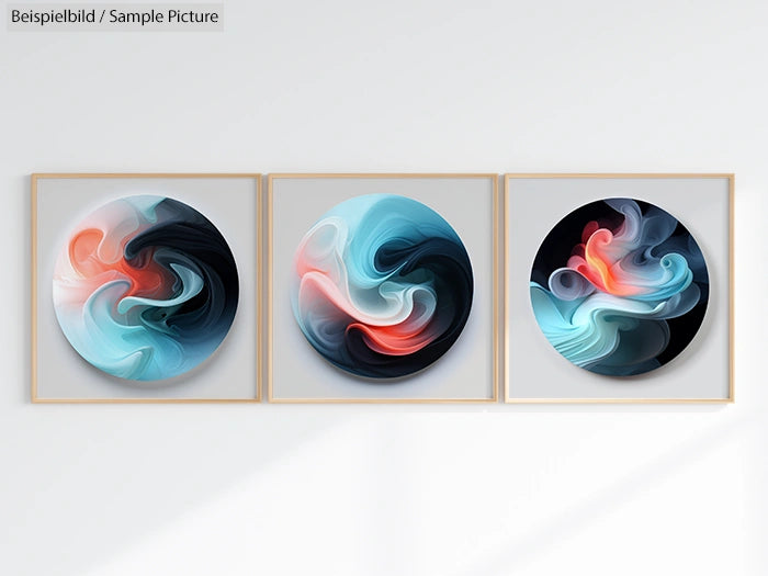 Three framed abstract paintings with swirling blue, black, and orange patterns on a light wall.