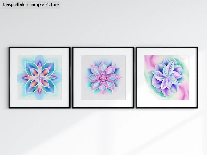 Three framed abstract floral artworks with pastel colors on a white wall.