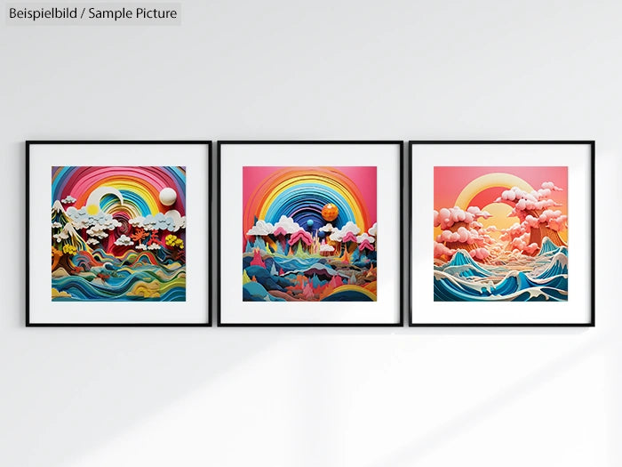 Three framed abstract artworks with colorful rainbow and mountain scenes, displayed on a white wall.