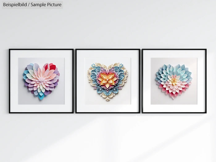 Three framed artworks featuring heart-shaped paper art in various pastel colors, displayed on a white wall.