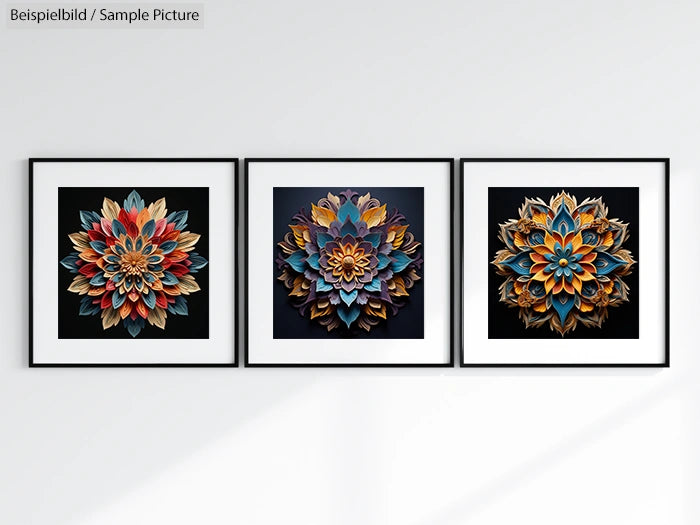 Three framed artworks with intricate, colorful floral mandala designs on a white wall.