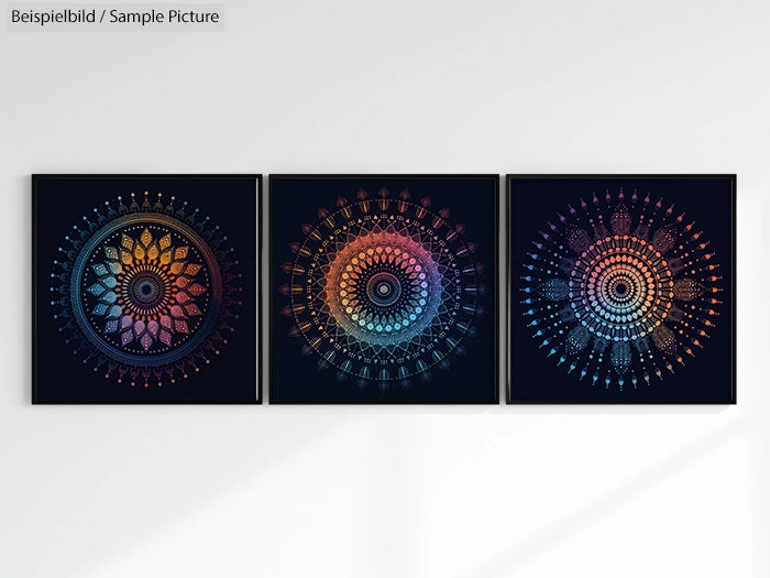 Set of three mandala art pieces with vibrant colors on a white wall.