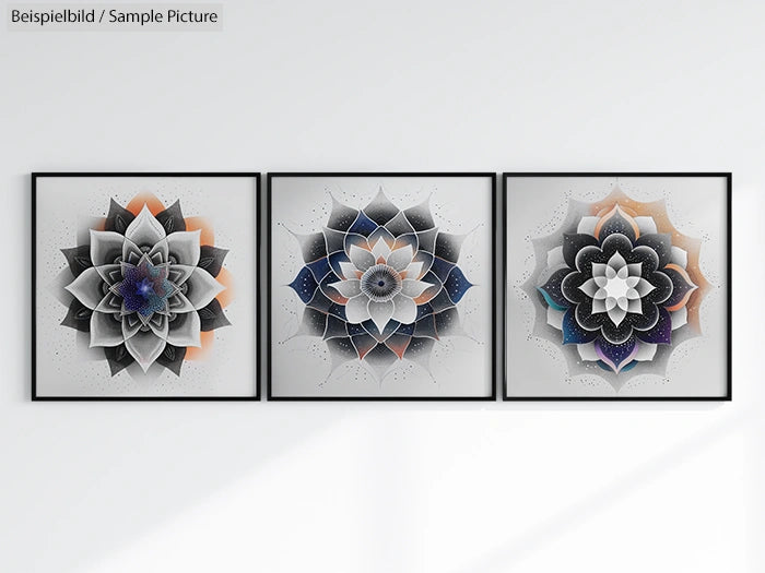 Three geometric flower art prints with intricate patterns in shades of gray, black, and blue on a white wall.