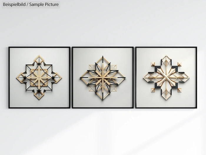 Three geometric wall art panels with intricately layered designs in black and beige frames.