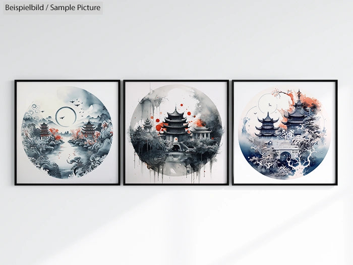 Triptych art of intricate Asian landscapes with pagodas and nature scenes in abstract circular designs.