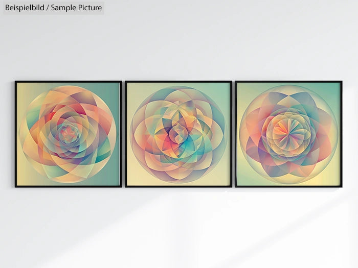 Three framed abstract geometric artworks with overlapping colorful circles on a light background.