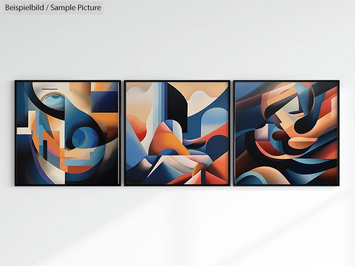 Abstract triptych with geometric shapes in blue, orange, and beige hues on a light gray wall.