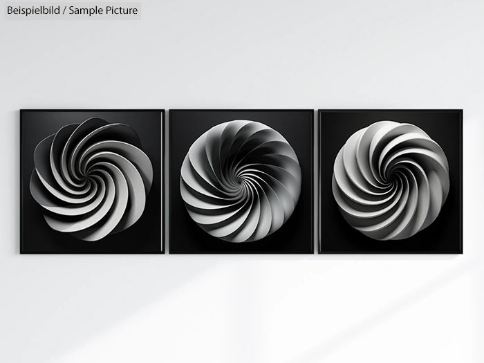 Three modern abstract sculptures with spiral patterns on black square panels.