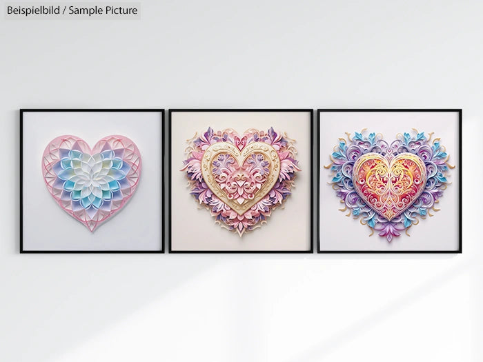 Three framed heart-shaped paper quilling artworks with intricate designs and vibrant colors on a white background.