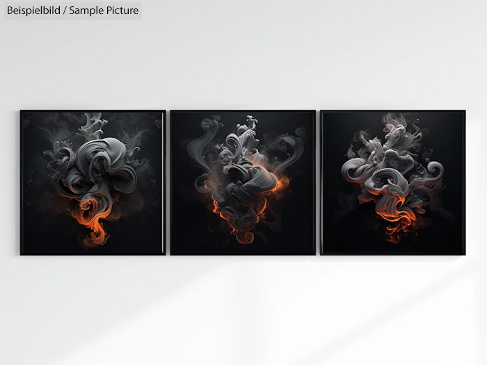 Three abstract art pieces with swirling black and orange patterns on a white wall.