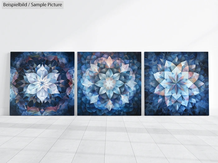 Three abstract geometric mandala paintings in blue hues displayed against a white wall.