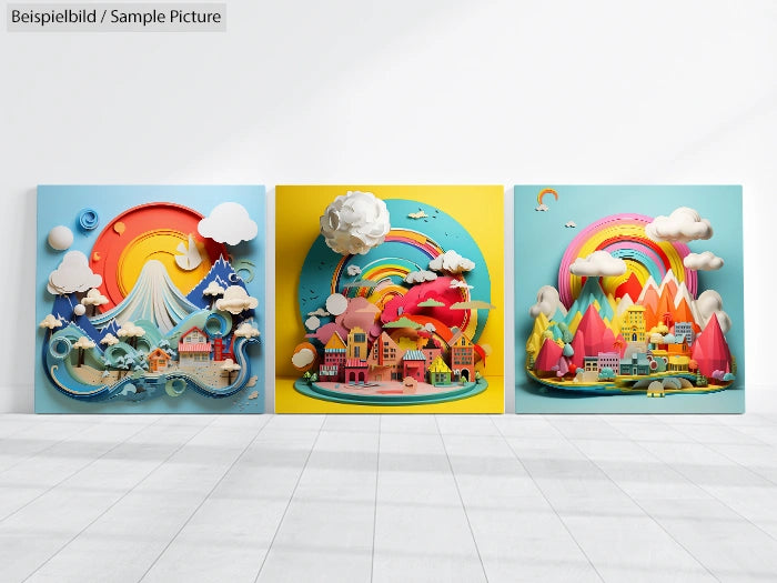 Three colorful 3D art panels with landscapes featuring mountains, clouds, buildings, and rainbows against a bright backdrop.