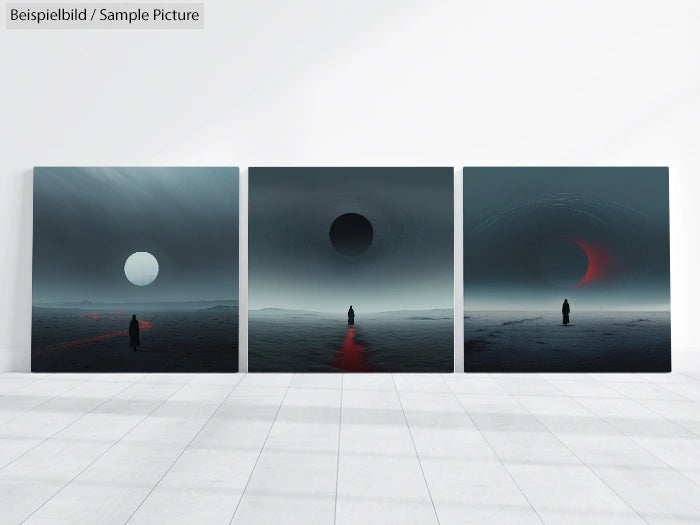 Three-panel art with crescent moons, eclipse, and figure in desolate landscape with dark skies and red paths.