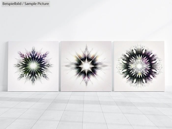 Three abstract starburst paintings in a gallery setting on a white wall.