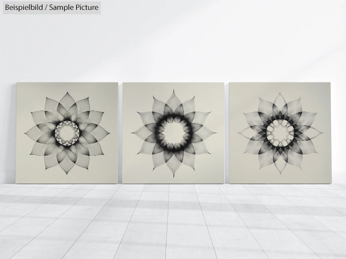 Three geometric flower art panels with intricate black and white petal patterns on a white wall and floor background.