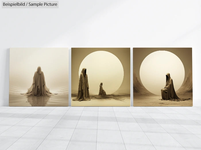 Three sepia-toned artworks of cloaked figures in desolate landscapes, each centered with a circular backdrop.