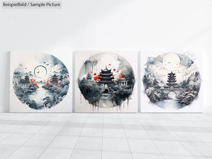 Three circular Asian landscape artworks with pagodas and nature scenes displayed on a white wall.