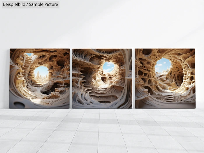 Triptych artwork of abstract, intricate cave structures with blue sky glimpses, displayed on a gallery wall.