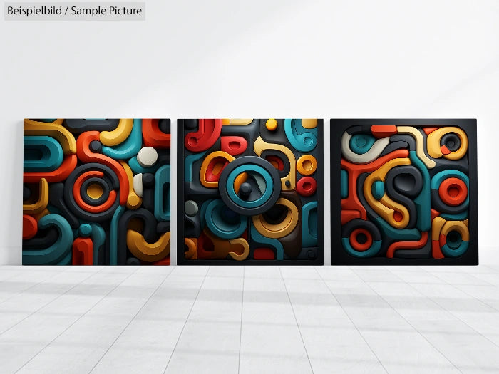 Three abstract paintings with colorful geometric shapes on a white gallery wall.