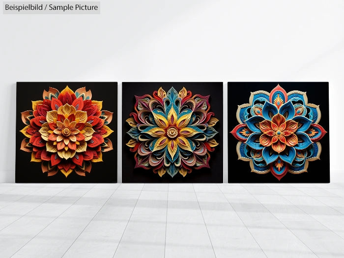 Three intricate floral mandala artworks in red, yellow, and blue displayed against a plain wall.