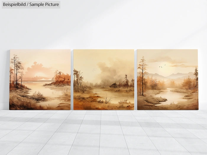 Triptych landscape paintings featuring autumn trees and misty lakes on a white wall.