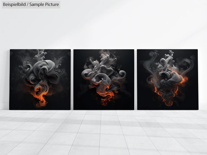 Three abstract art canvases with swirling dark smoke and fiery orange highlights on a white gallery wall.