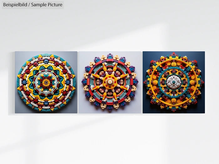 Three intricate circular LEGO mandalas with vibrant colors displayed on a wall.