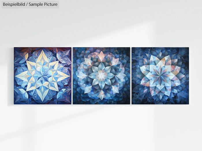 Three abstract geometric panels with blue and white star patterns, displayed on a light wall.