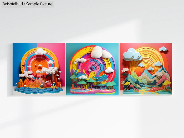 Colorful 3D landscape art with vibrant skies and mountains in three panels, featuring clouds and concentric circles.