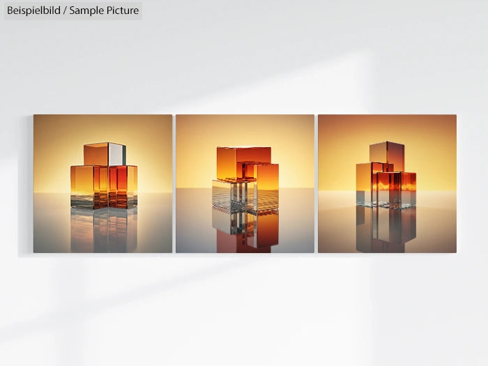 Triptych of modern cubes with amber tones reflecting light on a glossy surface in a minimalistic setting.