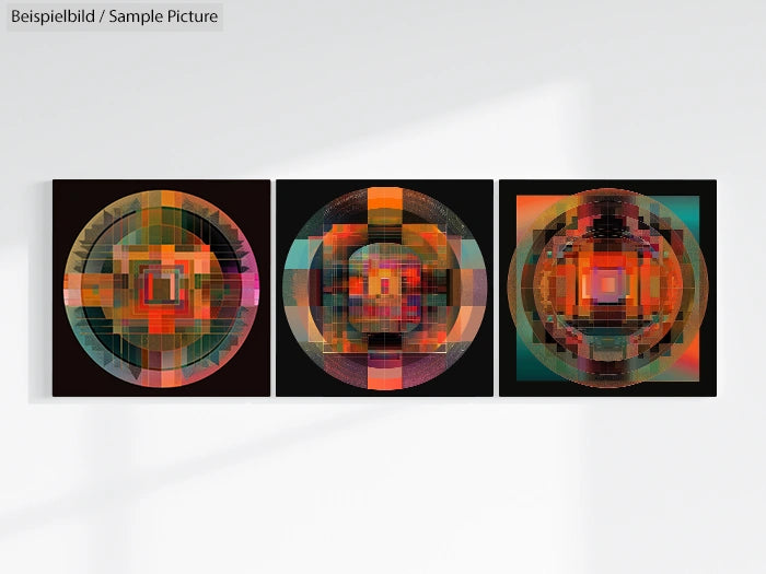 Triptych of abstract geometric art with vibrant square patterns and circular overlays in warm tones.