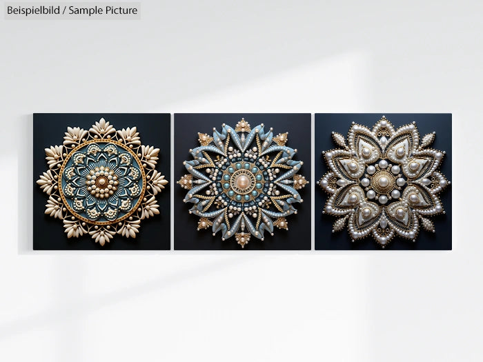 Three intricate mandala designs on black backgrounds, featuring floral patterns in gold, blue, and silver hues.