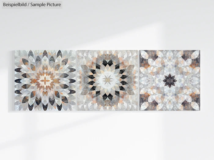 Three abstract geometric patterns with symmetrical floral designs in neutral tones on a wall.