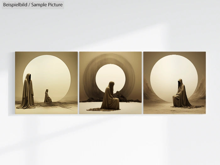 Three sepia-toned panels depicting cloaked figures in front of large, circular light sources in minimalist settings.