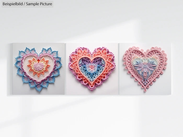 Three intricate heart-shaped paper quilling designs in blue, pink, and purple hues displayed on a white background.