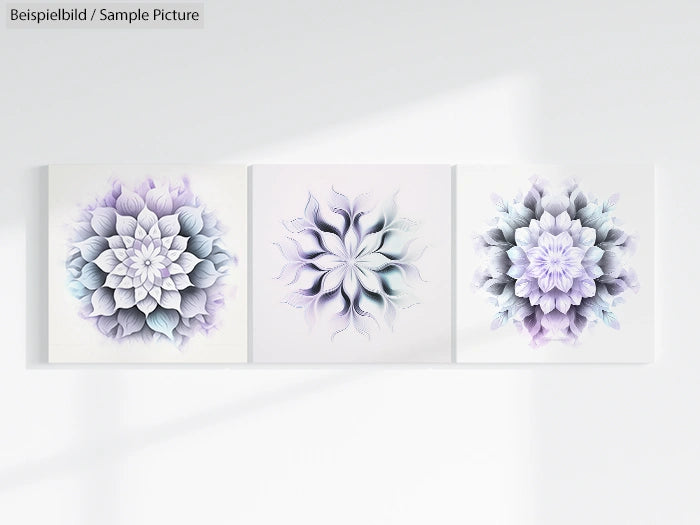 Three wall art pieces featuring abstract floral designs in soft purple hues on a white background.