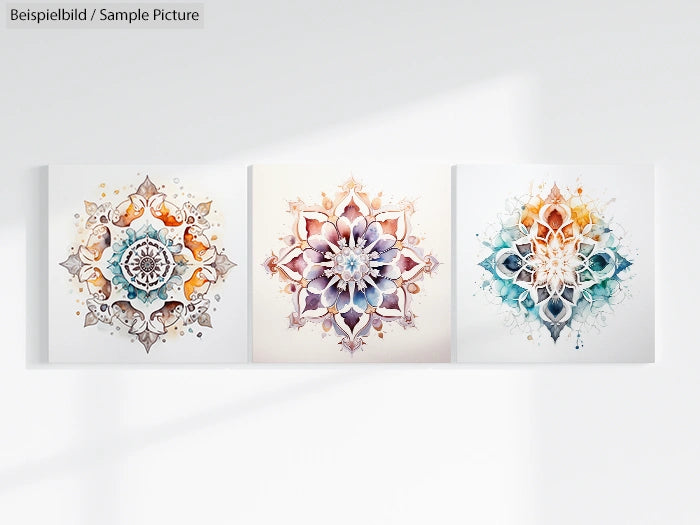 Three geometric watercolor mandalas with intricate patterns and vibrant colors on white background.