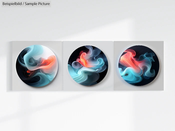 Three abstract art pieces with swirling blue, red, and white patterns on circle canvases displayed on a white wall.