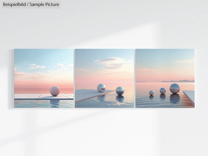 Triptych of serene landscapes with reflective spheres over water during a pastel-colored sunset, evoking tranquility.