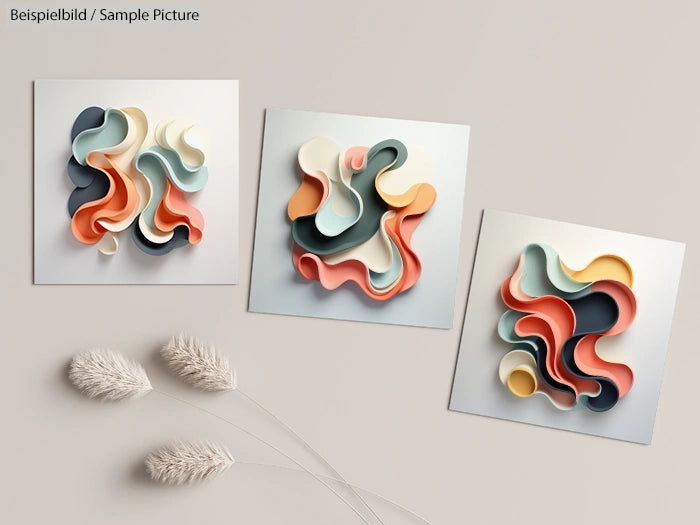 Three abstract 3D wall art pieces with wavy, layered shapes in pastel colors, alongside dried flowers on a soft background.