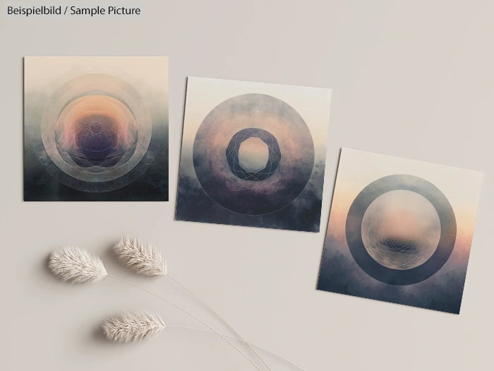 Three abstract prints with circular designs and soft colors, displayed on a beige background with decorative grass.