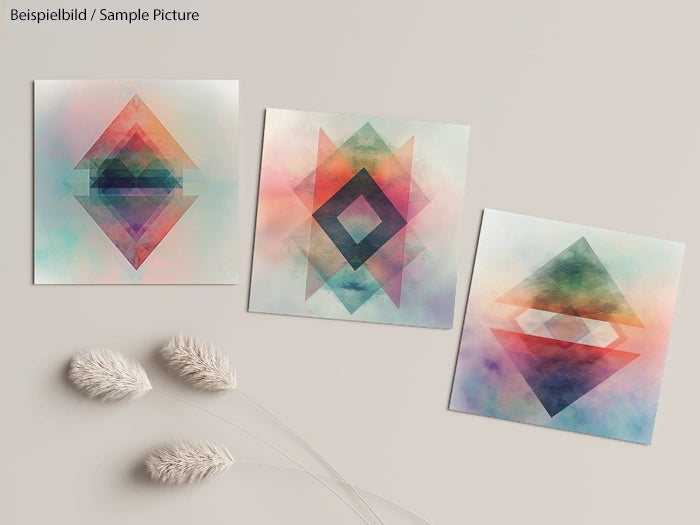 Three abstract geometric art prints with colorful gradients, displayed on a beige surface with decorative grass stems.