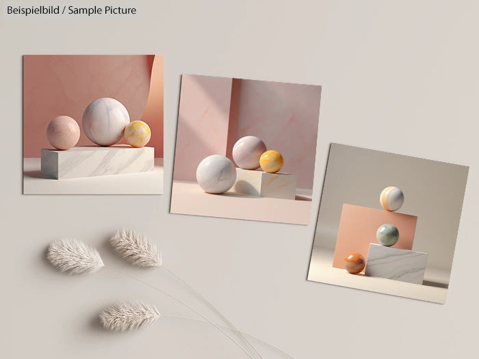 Three minimalist arrangements of spheres and cubes in soft pastels on marble, with decorative grasses beside.