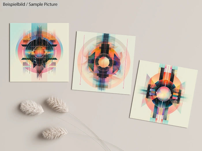 Abstract geometric art prints with circles and vibrant colors on a neutral background.