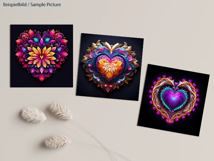 Three vibrant heart-shaped artworks with intricate patterns in purple, orange, and pink hues on a light background.